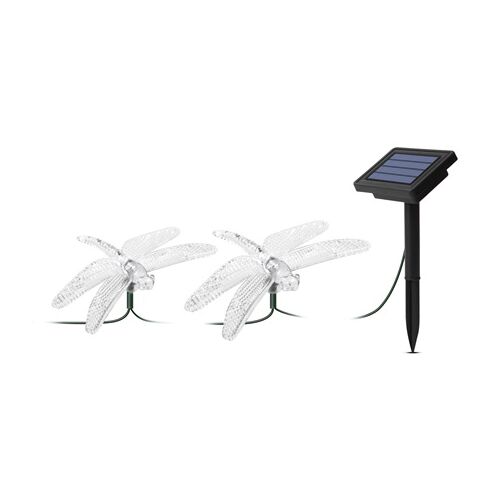 Ghirlandă luminoasă solară LED cu libelule, panou solar și țăruș de împământare pe fundal alb