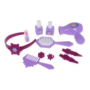 Purple plastic toy hair dryer, hairbrush, comb, headband, nail polish, rings, and hair clips, for kids, pretend play, magic dressing table accessories - Ramiz