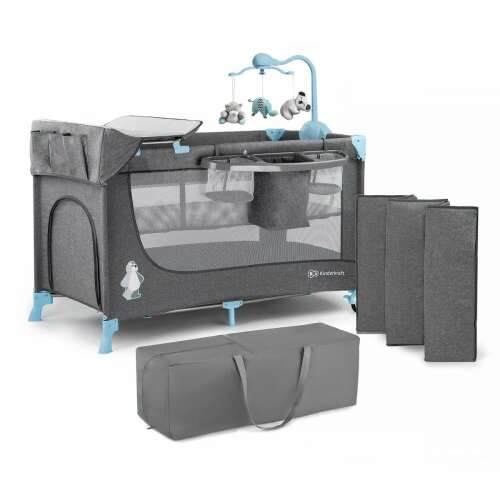 Kinderkraft JOY multifunkciós utazóágy kék színben, pelenkázó asztallal, tároló zsebekkel és játékos mobilal