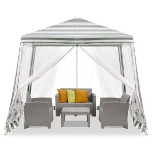 Ikonka white garden gazebo with mosquito net and lockable side walls, furnished with outdoor furniture - Garden