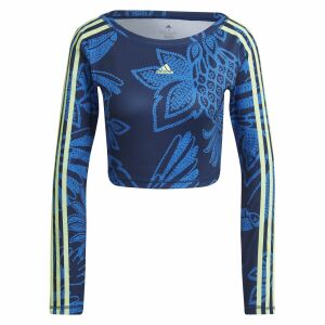 Adidas FARM Crop Top, blue floral long sleeve shirt, front view - Adidas Women's Sweater
