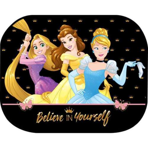 Disney Princess car sun visor with Rapunzel, Belle and Cinderella, featuring the text 'Believe in yourself'