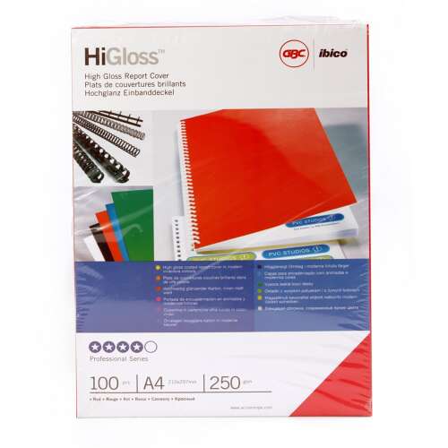 HiGloss™ fényes borító, A4, 250g, 100 db-os csomag, piros, professzionális sorozat, ibico