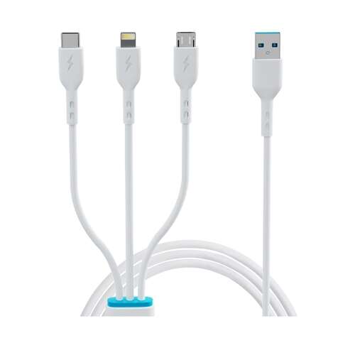 BWOO X173 3 az 1-ben USB kábel, fehér, 1 méter, Lightning, Type-C, MicroUSB, 3A töltés