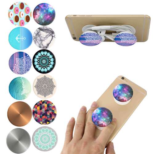 PopSocket telefon tartó, különböző színekben és mintákban, telefonnal és fülhallgatóval 