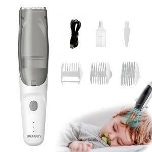 Ultra csendes, 2 sebességes bébinyírógép 2 sebességfokozattal, szőrszívó funkcióval, IPX7 vízálló, USB újratölthető, 3 fésű tartozék, BRAGUS, műanyag, Fehér