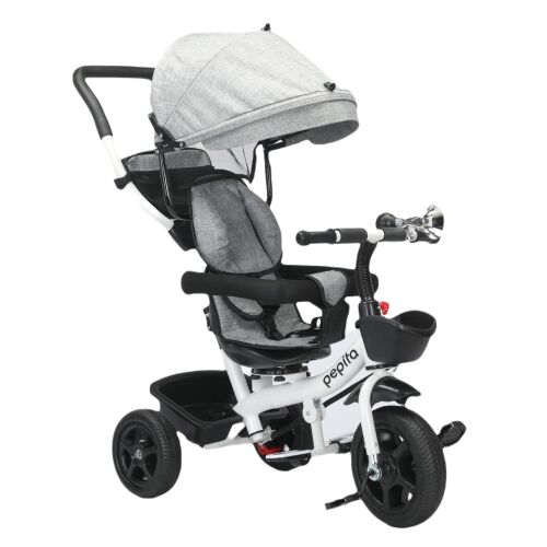 Pepita grey tricycle with rotating seat, parent handle, and storage