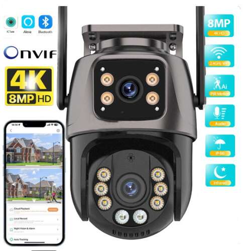 8MP, PTZ, WIFI IP biztonsági kamera, iCSee, kétirányú kommunikáció, éjjellátó, AI, mozgáskövetés, Fekete