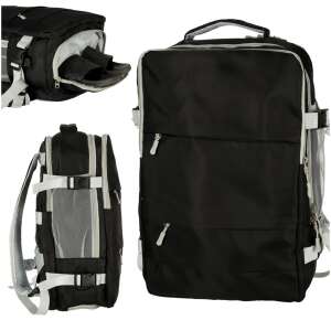 Black travel backpack with multiple compartments, showing shoe compartment, side pocket, and main compartment - Travel Bag