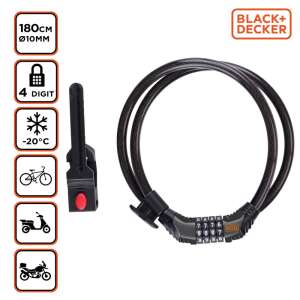 BLACK+DECKER 180 cm-es kombinációs kerékpárzár 4 számjegyű kóddal, 10 mm átmérőjű, tartóval, kerékpárokhoz, motorkerékpárokhoz és robogókhoz alkalmas - Kerékpár zár