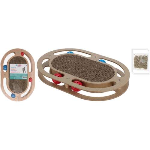Cat scratching post with 4 balls, oval shaped, wooden frame, cardboard scratching surface, 41x27x5cm