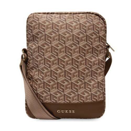 Taška na tablet Guess GCube Stripe, hnedá, taška na tablet 10 palcov, taška na notebook, crossbody taška