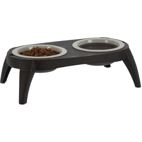 Elevated pet food bowl stand with two bowls, black and grey, for dogs and cats