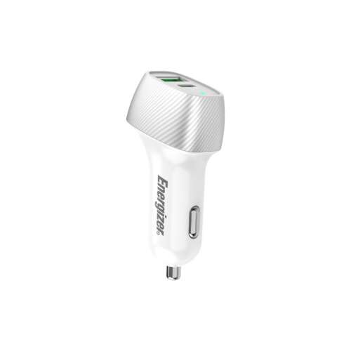 Încărcător auto Energizer Ultimate 38W cu două porturi USB, alb și argintiu, cu porturi USB-C și USB-A