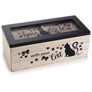 Fekete macskás teafiltertartó fadoboz - 18x7x8 cm