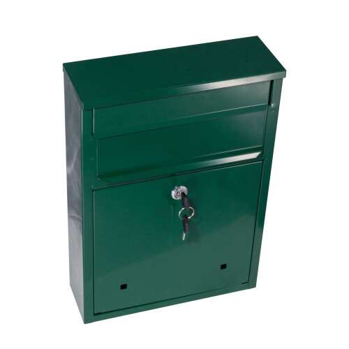 Green metal mailbox with two slots and a keyhole
