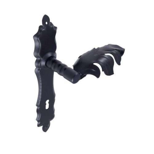 Set de mânere pentru uși din fier forjat negru cu design decorativ de scut și frunză