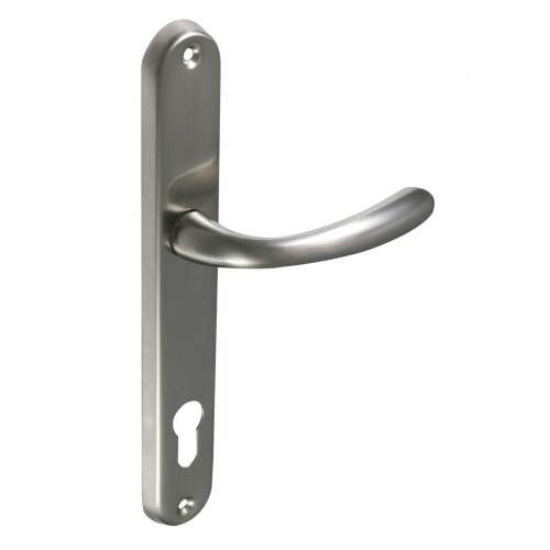 Satin chrome door handle, 55 mm PZ, modern design, spring-loaded, solid construction