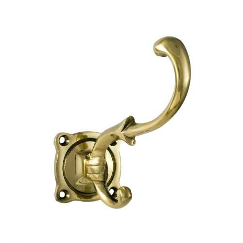 Brass coat hook, single hook, wall mounted, decorative, antique style