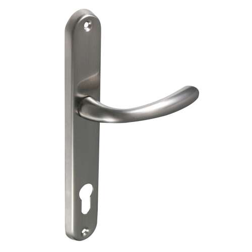 Satin chrome door handle with keyhole, 85mm, for WC doors