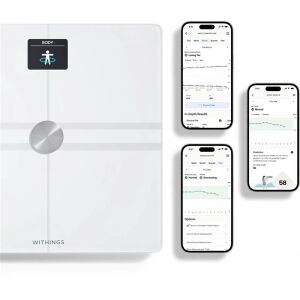 Withings Body Comp Wi-Fi mérleg, amely a testösszetétel adatokat mutatja okostelefon alkalmazásban - Withings