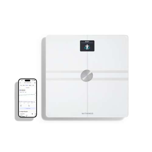 Withings Body Comp okos mérleg okostelefonnal, amelyen az alkalmazás felülete látható - Withings