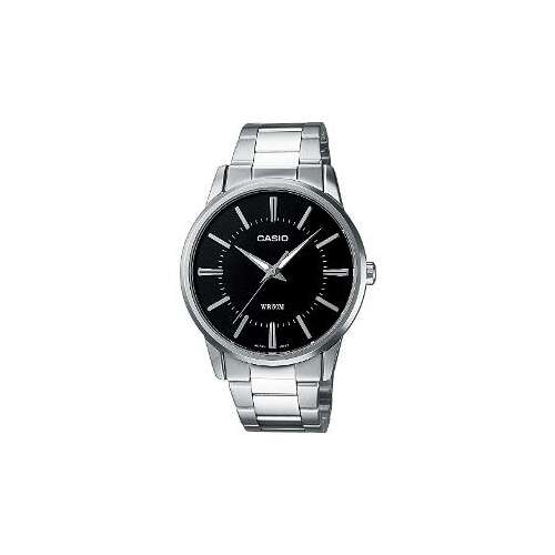 Zegar analogowy Casio MTP-1303PD-1AVEG z czarną tarczą i srebrną bransoletą ze stali nierdzewnej