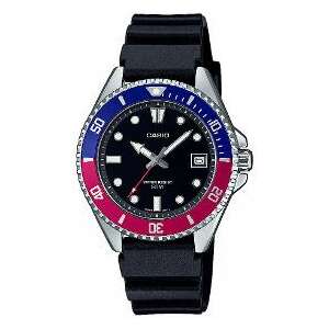 Casio MDV-10-1A2VEF men's analog watch with black dial, silver case, black rubber strap, and red and blue bezel - Men's Watch
