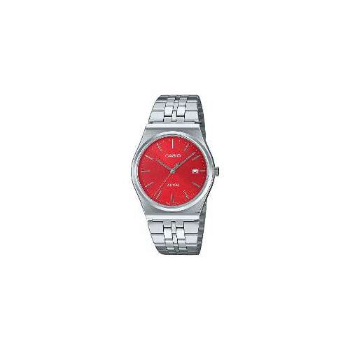 Casio MTP-B145D-4A2VEF men's analog watch with red dial and silver stainless steel band