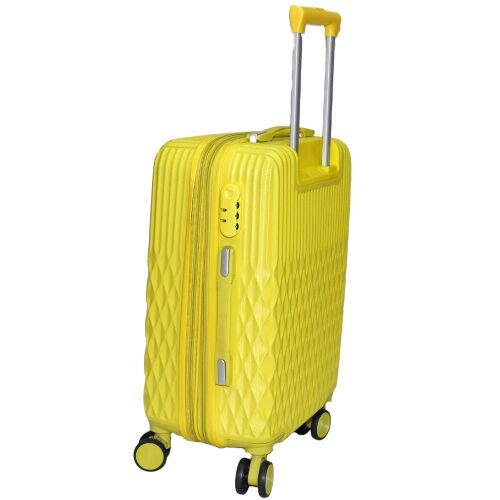 Fancy yellow hard shell suitcase, medium size, angled view showing security lock