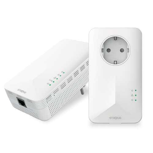 Set Strong Powerline Wi-Fi 1000 Kit V2, două adaptoare Powerline albe cu port Ethernet și priză, pentru extinderea conexiunii la internet prin cablarea electrică