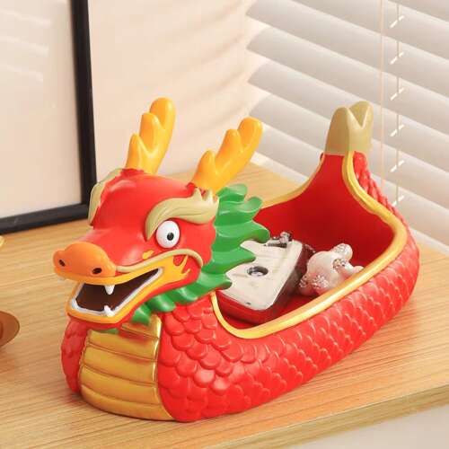 Sárkány alakú tálaló tál, piros, arany, zöld, dekoratív, egyedi, ajándék, otthoni dekoráció