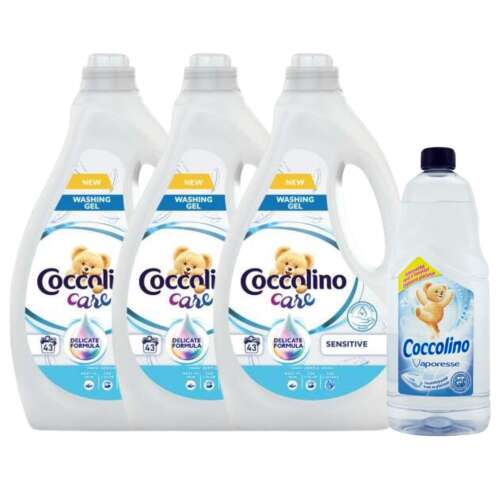 Coccolino Care Sensitive Liquid Washing Gel 3x1,72L - 129 de spălări + Cadou Coccolino Ironing Fluid
