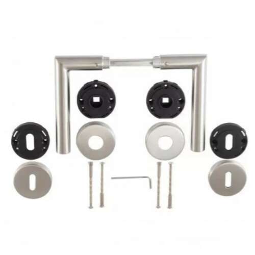 Tímea Körrozetás Rozsdamentes Inox PZ door handle set with all components, including screws and hex key