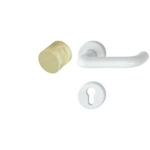 White plastic door handle set with round knob and keyhole cover - Door