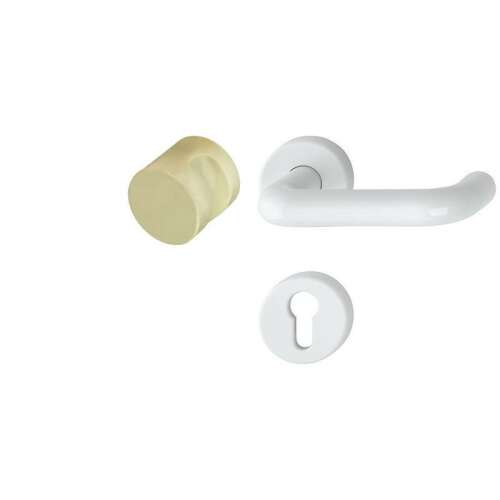White plastic door handle set with round knob and keyhole cover
