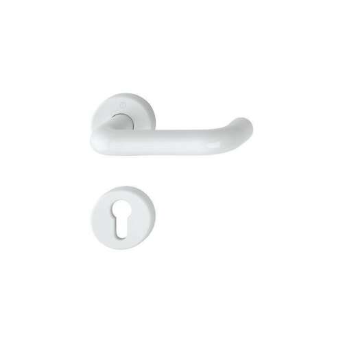 White plastic door handle with round rosette, for interior doors