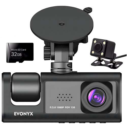 Háromszoros fedélzeti kamera Full HD 1080P EVONYX, 3 lencse, 170° felvételi szög, IPS kijelző 2", éjjellátó, kettős felvétel, loop felvétel, G-érzékelő, mozgásérzékelés, fekete színű + 32 GB