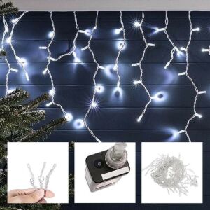 Luminițe LED tip țurțuri albe reci Timeless Tools în uz, cu adaptor de alimentare și detalii despre șnur - Ghirlande luminoase