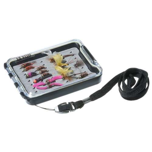 Jaxon Jaxon Fly Max 2 légydoboz 11 légyvel, 8/3cm méretben, fekete doboz átlátszó fedéllel és zsinórral