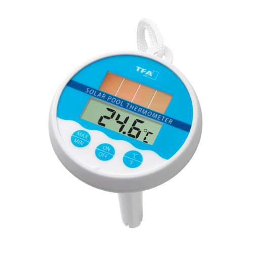 TFA Solar Pool Thermometer, cyfrowy termometr do basenu z panelem słonecznym, mierzy temperaturę wody w stopniach Celsjusza i Fahrenheita, pokazuje wartości maksymalne i minimalne, wodoodporny, pływa na wodzie
