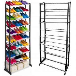 Schwarzer 10-stufiger Schuhregal, bietet Platz für bis zu 30 Paar Schuhe, mit Schuhen in den Regalen zur visuellen Darstellung - Schuhregale