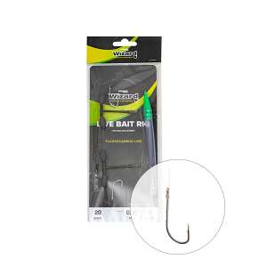 Wizard Live Bait Rig Medium, előre kötött horgász szerelék fluorocarbon zsinórral, 2 db 1-es méretű horoggal, 20 grammos súlyú, élő csalikhoz - Etetőkosár & ólom