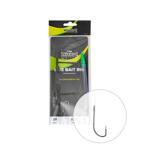 Wizard Live Bait Rig Medium, előre kötött horgász szerelék fluorocarbon zsinórral, 2 db 1-es méretű horoggal, 20 grammos súlyú, élő csalikhoz