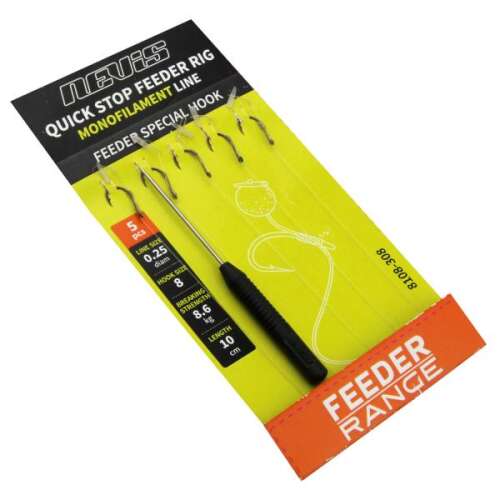 Nevis Quick Stop Feeder Rig monofil előke horoggal és stopperrel, 5 darab, 8-as méretű horog, 0.25-ös zsinór, 10 cm hosszúság - Előkötött horog