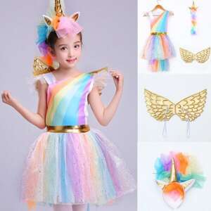 Unikornis jelmez kislányoknak szivárványszínű ruhával, fejdísszel és szárnyakka,110 cm magasságra