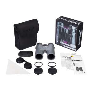 Levenhuk Karma PLUS 8x42 kétszemes távcső tartozékokkal, beleértve a tokot, a pántot, a lencsevédőket, a tisztító kendőt és az utasításokat - Levenhuk