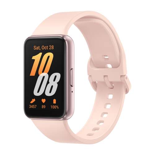 Samsung Galaxy Fit 3 okosóra rózsaszín-arany színben, rózsaszín szilikon szíjjal, az időt és a fitnesz adatokat mutatja - Okos eszköz