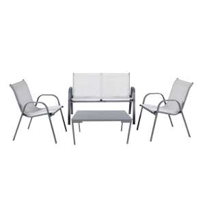 Lorca 4+1 Gartenmöbel-Set, grauer Metallrahmen mit weißem Mesh-Gewebe, beinhaltet 2 Stühle, 1 Sofa und 1 Couchtisch - Gartenmöbel
