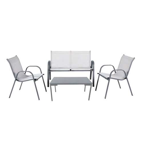 Lorca 4+1 Gartenmöbel-Set, grauer Metallrahmen mit weißem Mesh-Gewebe, beinhaltet 2 Stühle, 1 Sofa und 1 Couchtisch